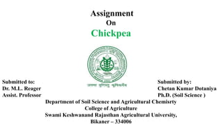Assignment
On
Chickpea
Submitted to: Submitted by:
Dr. M.L. Reager Chetan Kumar Dotaniya
Assist. Professor Ph.D. (Soil Science )
Department of Soil Science and Agricultural Chemisrty
College of Agriculture
Swami Keshwanand Rajasthan Agricultural University,
Bikaner – 334006
 
