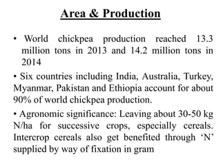 Area & Production
• World chickpea production reached 13.3
million tons in 2013 and 14.2 million tons in
2014
• Six countries including India, Australia, Turkey,
Myanmar, Pakistan and Ethiopia account for about
90% of world chickpea production.
• Agronomic significance: Leaving about 30-50 kg
N/ha for successive crops, especially cereals.
Intercrop cereals also get benefited through ‘N’
supplied by way of fixation in gram
 