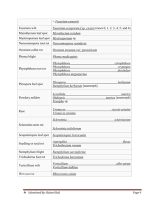  Submitted By: Raheel Rafi Page 9
= Fusarium eumartii
Fusarium wilt Fusarium oxysporum f.sp. ciceris (races 0, 1, 2, 3, 4, 5, and 6)
Myrothecium leaf spot Myrothecium roridum
Mystrosporium leaf spot Mystrosporium sp.
Neocosmospora root rot Neocosmospora vasinfecta
Ozonium collar rot Ozonium texanum var. parasiticum
Phoma blight Phoma medicaginis
Phytophthora root rot
Phytophthora citrophthora
Phytophthora cryptogea
Phytophthora drechsleri
Phytophthora megasperma
Pleospora leaf spot
Pleospora herbarum
Stemphylium herbarum [anamorph]
Powdery mildew
Leveillula taurica
Oidiopsis taurica [anamorph]
Erysiphe sp.
Rust
Uromyces ciceris-arietini
Uromyces striatus
Sclerotinia stem rot
Sclerotinia sclerotiorum
Sclerotinia trifoliorum
Scopulariopsis leaf spot Scopulariopsis brevicaulis
Seedling or seed rot
Aspergillus flavus
Trichothecium roseum
Stemphylium blight Stemphylium sarciniforme
Trichoderma foot rot Trichoderma harzianum
Verticillium wilt
Verticillium albo-atrum
Verticillium dahliae
Wet root rot Rhizoctonia solani
 