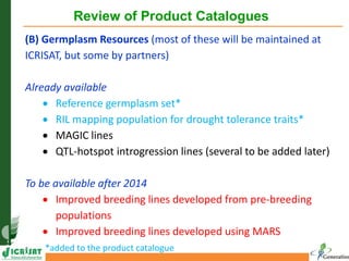 Review of Product Catalogues
(B) Germplasm Resources (most of these will be maintained at
ICRISAT, but some by partners)
Already available
• Reference germplasm set*
• RIL mapping population for drought tolerance traits*
• MAGIC lines
• QTL-hotspot introgression lines (several to be added later)
To be available after 2014
• Improved breeding lines developed from pre-breeding
populations
• Improved breeding lines developed using MARS
*added to the product catalogue
 