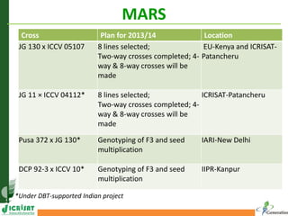 MARS
Cross Plan for 2013/14 Location
JG 130 x ICCV 05107 8 lines selected;
Two-way crosses completed; 4-
way & 8-way crosses will be
made
EU-Kenya and ICRISAT-
Patancheru
JG 11 × ICCV 04112* 8 lines selected;
Two-way crosses completed; 4-
way & 8-way crosses will be
made
ICRISAT-Patancheru
Pusa 372 x JG 130* Genotyping of F3 and seed
multiplication
IARI-New Delhi
DCP 92-3 x ICCV 10* Genotyping of F3 and seed
multiplication
IIPR-Kanpur
*Under DBT-supported Indian project
 