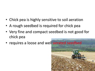 • Chick pea is highly sensitive to soil aeration
• A rough seedbed is required for chick pea
• Very fine and compact seedbed is not good for
chick pea
• requires a loose and well aerated seedbed
 