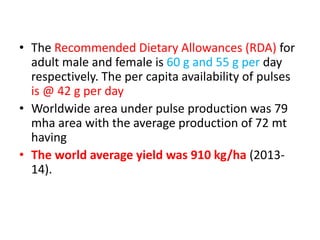 • The Recommended Dietary Allowances (RDA) for
adult male and female is 60 g and 55 g per day
respectively. The per capita availability of pulses
is @ 42 g per day
• Worldwide area under pulse production was 79
mha area with the average production of 72 mt
having
• The world average yield was 910 kg/ha (2013-
14).
 