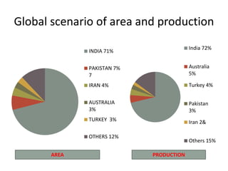Global scenario of area and production
INDIA 71%
PAKISTAN 7%
7
IRAN 4%
AUSTRALIA
3%
TURKEY 3%
OTHERS 12%
India 72%
Australia
5%
Turkey 4%
Pakistan
3%
Iran 2&
Others 15%
AREA PRODUCTION
 