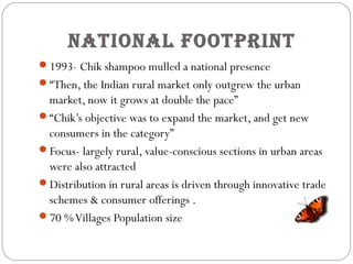 naTional fooTprinT
1993- Chik shampoo mulled a national presence
“Then, the Indian rural market only outgrew the urban
market, now it grows at double the pace”
“Chik’s objective was to expand the market, and get new
consumers in the category”
Focus- largely rural, value-conscious sections in urban areas
were also attracted
Distribution in rural areas is driven through innovative trade
schemes & consumer offerings .
70 %Villages Population size
 