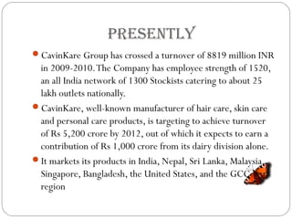 PresentlY
CavinKare Group has crossed a turnover of 8819 million INR
in 2009-2010.The Company has employee strength of 1520,
an all India network of 1300 Stockists catering to about 25
lakh outlets nationally.
CavinKare, well-known manufacturer of hair care, skin care
and personal care products, is targeting to achieve turnover
of Rs 5,200 crore by 2012, out of which it expects to earn a
contribution of Rs 1,000 crore from its dairy division alone.
It markets its products in India, Nepal, Sri Lanka, Malaysia,
Singapore, Bangladesh, the United States, and the GCC
region
 
