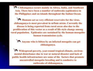 Chikungunya occurs mainly in Africa, India, and Southeast
   Asia.
   Asia There have been a number of outbreaks (epidemics) in
   the Philippines and on islands throughout the Indian Ocean.

           Humans act as very efficient reservoirs for the virus.
   chikungunya is most prevalent in urban areas. Currently the
      d sease s being epo ted o
      disease is be g reported from rural a eas a so due to t e
                                        u a areas also          the
  proliferation of this vector as a result of life style change among
rural population. Epidemics are sustained by the human-mosquito-
                                                       human-mosquito-
                      human transmission cycle.
                                             cycle

          Anyone who is bitten by an infected mosquito can get
                          chikungunya.
                           hik

       Widespread poverty, year-round tropical climate, environ-
                                  year-                   environ-
   mental disturbance due to war or natural disaster and lack of
 public health infrastructure are some of the factors that promote
        uncontrolled mosquito breeding and is condusive to
                     outbreaks of chikungunya,
                      Dr.G.C.Sahu/ROH&FW/GoI/Ahmedabad
                      Dr.G.C.Sahu/ROH&FW/GoI/Ahmedabad                   5
 