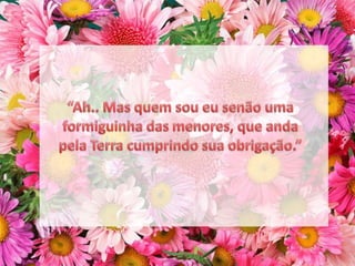 “Ah.. Mas quem sou eu senão uma formiguinha das menores, que anda pela Terra cumprindo sua obrigação.”