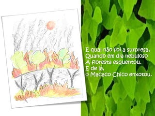 E qual não foi a surpresa,
Quando em dia nebuloso
A floresta esquentou.
E de lá,
o Macaco Chico enxotou.
 