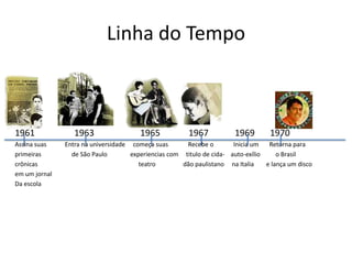 Linha do Tempo
1961 1963 1965 1967 1969 1970
Assina suas Entra na universidade começa suas Recebe o Inicia um Retorna para
primeiras de São Paulo experiencias com titulo de cida- auto-exílio o Brasil
crônicas teatro dão paulistano na Italia e lança um disco
em um jornal
Da escola
 