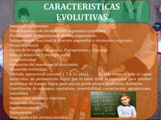 CARACTERISTICAS
                     EVOLUTIVAS
Desarrollo psicomotor.
Toma conciencia de los diferentes segmentos corporales.
Posibilidades de relajamiento global y segmentado.
Independencia funcional de diversos segmentos y elementos corporales.
Desarrollo social
Juicios de formación de grupos. Protagonismo y liderazgo.
Afán de aventuras y prestigio social
Competitividad
Aceptación del mando social dominante.
Desarrollo IntelectuaL
 Periodo operacional concreto ( 7 a 11 años).      En esta etapa el niño es capaz
desarrollar un pensamiento lógico por lo tanto tiene la capacidad para resolver
problemas de manera lógica, pero aún no puede pensar en término abstractos
Constitución de esquemas operativos, reversibilidad, conservación, agrupaciones,
casualidad.
Operaciones simples y concretas.
Desarrollo afectivo.
Equilibrio emotivo.
Extroversión
Buen ajuste a las normas sociales.
 