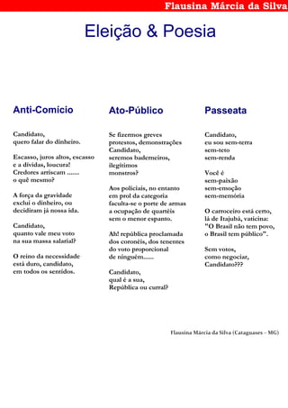 Flausina Márcia da Silva
Eleição & Poesia
Anti-Comício
Candidato,
quero falar do dinheiro.
Escasso, juros altos, escasso
e a dívidas, loucura!
Credores arriscam .......
o quê mesmo?
A força da gravidade
exclui o dinheiro, ou
decidiram já nossa ida.
Candidato,
quanto vale meu voto
na sua massa salarial?
O reino da necessidade
está duro, candidato,
em todos os sentidos.
Ato-Público
Se fizermos greves
protestos, demonstrações
Candidato,
seremos baderneiros,
ilegítimos
monstros?
Aos policiais, no entanto
em prol da categoria
faculta-se o porte de armas
a ocupação de quartéis
sem o menor espanto.
Ah! república proclamada
dos coronéis, dos tenentes
do voto proporcional
de ninguém......
Candidato,
qual é a sua,
República ou curral?
Passeata
Candidato,
eu sou sem-terra
sem-teto
sem-renda
Você é
sem-paixão
sem-emoção
sem-memória
O carroceiro está certo,
lá de Itajubá, vaticina:
"O Brasil não tem povo,
o Brasil tem público".
Sem votos,
como negociar,
Candidato???
Flausina Márcia da Silva (Cataguases – MG)
 