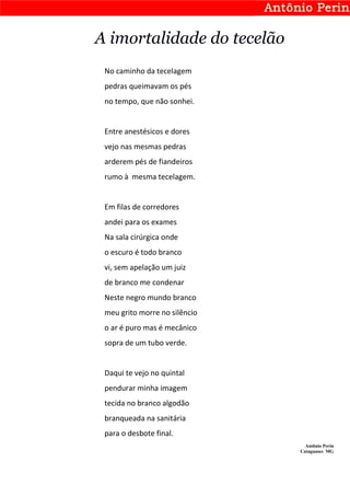 A imortalidade do tecelão
 No caminho da tecelagem
 pedras queimavam os pés
 no tempo, que não sonhei.


 Entre anestésicos e dores
 vejo nas mesmas pedras
 arderem pés de fiandeiros
 rumo à mesma tecelagem.


 Em filas de corredores
 andei para os exames
 Na sala cirúrgica onde
 o escuro é todo branco
 vi, sem apelação um juiz
 de branco me condenar
 Neste negro mundo branco
 meu grito morre no silêncio
 o ar é puro mas é mecânico
 sopra de um tubo verde.


 Daqui te vejo no quintal
 pendurar minha imagem
 tecida no branco algodão
 branqueada na sanitária
 para o desbote final.
                                 Antônio Perin
                               Cataguases MG
 