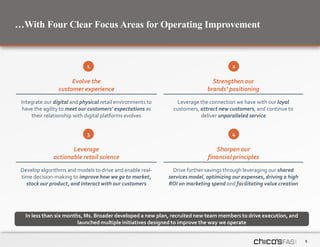5
Evolve the
customer experience
Strengthen our
brands’ positioning
Integrate our digital and physical retail environments to
have the agility to meet our customers’ expectations as
their relationship with digital platforms evolves
Leverage the connection we have with our loyal
customers, attract new customers, and continue to
deliver unparalleled service
…With Four Clear Focus Areas for Operating Improvement
1 2
3 4
In less than six months, Ms. Broader developed a new plan, recruited new team members to drive execution, and
launched multiple initiatives designed to improve the way we operate
Leverage
actionable retail science
Sharpen our
financial principles
Develop algorithms and models to drive and enable real-
time decision-making to improve how we go to market,
stock our product, and interact with our customers
Drive further savings through leveraging our shared
services model, optimizing our expenses, driving a high
ROI on marketing spend and facilitating value creation
 