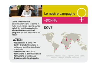 Le nostre campagne

COSPE lotta contro le                  +DONNA
discriminazioni verso le donne in
Italia e nel mondo e per la parità
dei diritti e delle opportunità,       DOVE
elementi determinanti del
progresso politico e sociale di un
Paese.


 AZIONI
•  Realizzazione di oltre 100
   Centri di alfabetizzazione e
   assistenza giuridica, psicologica
   e sanitaria.
•  Gravidanze e parti sicuri
•  Formazione ai diritti universali
•  Formazione professionale            Afghanistan, Albania, Angola, Argentina, Cina, Egitto,
•  Creazione attività di reddito             Palestina, Senegal, Somalia, Swaziland.
 