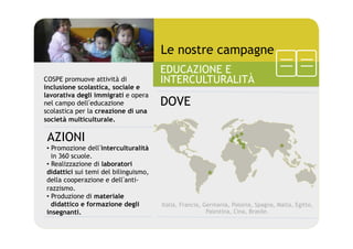 Le nostre campagne
                                      EDUCAZIONE E
COSPE promuove attività di            INTERCULTURALITÀ
inclusione scolastica, sociale e
lavorativa degli immigrati e opera
nel campo dell educazione             DOVE
scolastica per la creazione di una
società multiculturale.

 AZIONI
•  Promozione dell interculturalità
   in 360 scuole.
•  Realizzazione di laboratori
didattici sui temi del bilinguismo,
della cooperazione e dell anti-
razzismo.
•  Produzione di materiale
   didattico e formazione degli       Italia, Francia, Germania, Polonia, Spagna, Malta, Egitto,
insegnanti.                                             Palestina, Cina, Brasile.
 