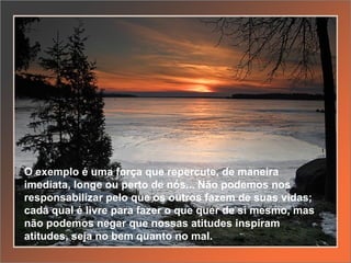 O exemplo é uma força que repercute, de maneira imediata, longe ou perto de nós... Não podemos nos responsabilizar pelo que os outros fazem de suas vidas; cada qual é livre para fazer o que quer de si mesmo, mas não podemos negar que nossas atitudes inspiram atitudes, seja no bem quanto no mal.  