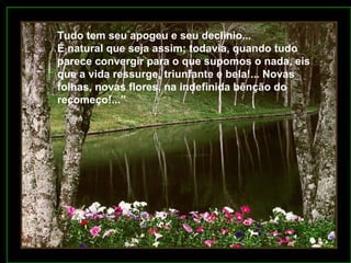 Tudo tem seu apogeu e seu declínio... É natural que seja assim; todavia, quando tudo parece convergir para o que supomos o nada, eis que a vida ressurge, triunfante e bela!... Novas folhas, novas flores, na indefinida bênção do recomeço!...”  