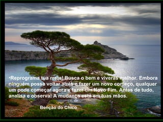 Reprograma tua meta! Busca o bem e viverás melhor. Embora ninguém possa voltar atrás e fazer um novo começo, qualquer um pode começar agora e fazer um Novo Fim. Antes de tudo, analisa e observa! A mudança está em tuas mãos. Benção do Chico 