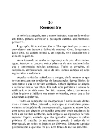 20
Reencontro
A noite ia avançada, mas o nosso instrutor, vagueando o olhar
em torno, parecia consultar a paisagem externa, ensimesmado,
pensativo...
Logo após, fitou, enternecido, a filha espiritual que passara a
convalescer em brando e defendido repouso. Orou, longamente,
junto dela, na câmara íntima e, em seguida, veio anunciar-nos o
instante da partida.
Aves tornando ao ninho de esperança e de paz, deveríamos,
agora, transportar conosco outros pássaros de asas semimutiladas
que a tormentadas paixões ameaçava. Todos os corações, ali
socorridos, demandariam, junto de nós, outros campos de ação
regenerativa e redentora.
Aquelas entidades sofredoras e amigas, ainda mesmo as que
se conservavam nas mediações da loucura pelos desequilíbrios do
sentimento a que se haviam confiado, tinham lágrimas de alegria
e reconhecimento nos olhos. Em cada uma palpitava o anseio de
retificação e de vida nova. Por isto mesmo, talvez, cravavam o
olhar inquieto e jubiloso em nosso orientador, como que a lhe
devorarem as palavras.
– Todos os companheiros incorporados à nossa missão destes
dias – avisava Gúbio, paternal –, desde que se mantenham perse-
verantes no propósito de auto-restauração, seguem ao nosso lado,
com acesso aos círculos de trabalho condigno, onde estudantes do
bem e da luz lhes acolherão, com simpatia, as aspirações de vida
superior. Espero, contudo, que não aguardem milagres na esfera
próxima. O trabalho de reajustamento próprio é artigo de lei
irrevogável, em todos os ângulos do Universo. Ninguém suplique
protecionismo a que não fez jus, nem flores de mel às sementes
 