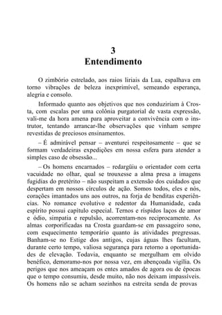 3
Entendimento
O zimbório estrelado, aos raios liriais da Lua, espalhava em
torno vibrações de beleza inexprimível, semeando esperança,
alegria e consolo.
Informado quanto aos objetivos que nos conduziriam à Cros-
ta, com escalas por uma colônia purgatorial de vasta expressão,
vali-me da hora amena para aproveitar a convivência com o ins-
trutor, tentando arrancar-lhe observações que vinham sempre
revestidas de preciosos ensinamentos.
– É admirável pensar – aventurei respeitosamente – que se
formam verdadeiras expedições em nossa esfera para atender a
simples caso de obsessão...
– Os homens encarnados – redargüiu o orientador com certa
vacuidade no olhar, qual se trouxesse a alma presa a imagens
fugidias do pretérito – não suspeitam a extensão dos cuidados que
despertam em nossos círculos de ação. Somos todos, eles e nós,
corações imantados uns aos outros, na forja de benditas experiên-
cias. No romance evolutivo e redentor da Humanidade, cada
espírito possui capítulo especial. Ternos e ríspidos laços de amor
e ódio, simpatia e repulsão, acorrentam-nos reciprocamente. As
almas corporificadas na Crosta guardam-se em passageiro sono,
com esquecimento temporário quanto às atividades pregressas.
Banham-se no Estige dos antigos, cujas águas lhes facultam,
durante certo tempo, valiosa segurança para retorno a oportunida-
des de elevação. Todavia, enquanto se mergulham em olvido
benéfico, demoramo-nos por nossa vez, em abençoada vigília. Os
perigos que nos ameaçam os entes amados de agora ou de épocas
que o tempo consumiu, desde muito, não nos deixam impassíveis.
Os homens não se acham sozinhos na estreita senda de provas
 