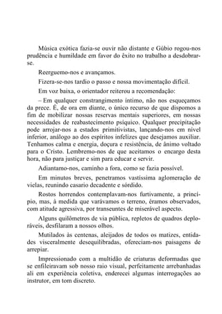 Música exótica fazia-se ouvir não distante e Gúbio rogou-nos
prudência e humildade em favor do êxito no trabalho a desdobrar-
se.
Reerguemo-nos e avançamos.
Fizera-se-nos tardio o passo e nossa movimentação difícil.
Em voz baixa, o orientador reiterou a recomendação:
– Em qualquer constrangimento íntimo, não nos esqueçamos
da prece. É, de ora em diante, o único recurso de que dispomos a
fim de mobilizar nossas reservas mentais superiores, em nossas
necessidades de reabastecimento psíquico. Qualquer precipitação
pode arrojar-nos a estados primitivistas, lançando-nos em nível
inferior, análogo ao dos espíritos infelizes que desejamos auxiliar.
Tenhamos calma e energia, doçura e resistência, de ânimo voltado
para o Cristo. Lembremo-nos de que aceitamos o encargo desta
hora, não para justiçar e sim para educar e servir.
Adiantamo-nos, caminho a fora, como se fazia possível.
Em minutos breves, penetramos vastíssima aglomeração de
vielas, reunindo casario decadente e sórdido.
Rostos horrendos contemplavam-nos furtivamente, a princí-
pio, mas, à medida que varávamos o terreno, éramos observados,
com atitude agressiva, por transeuntes de miserável aspecto.
Alguns quilômetros de via pública, repletos de quadros deplo-
ráveis, desfilaram a nossos olhos.
Mutilados às centenas, aleijados de todos os matizes, entida-
des visceralmente desequilibradas, ofereciam-nos paisagens de
arrepiar.
Impressionado com a multidão de criaturas deformadas que
se enfileiravam sob nosso raio visual, perfeitamente arrebanhadas
ali em experiência coletiva, enderecei algumas interrogações ao
instrutor, em tom discreto.
 