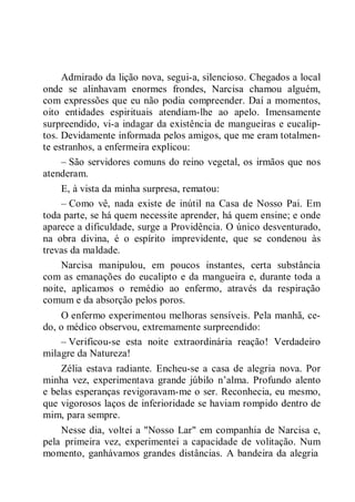 Admirado da lição nova, segui-a, silencioso. Chegados a local
onde se alinhavam enormes frondes, Narcisa chamou alguém,
com expressões que eu não podia compreender. Daí a momentos,
oito entidades espirituais atendiam-lhe ao apelo. Imensamente
surpreendido, vi-a indagar da existência de mangueiras e eucalip-
tos. Devidamente informada pelos amigos, que me eram totalmen-
te estranhos, a enfermeira explicou:
– São servidores comuns do reino vegetal, os irmãos que nos
atenderam.
E, à vista da minha surpresa, rematou:
– Como vê, nada existe de inútil na Casa de Nosso Pai. Em
toda parte, se há quem necessite aprender, há quem ensine; e onde
aparece a dificuldade, surge a Providência. O único desventurado,
na obra divina, é o espírito imprevidente, que se condenou às
trevas da maldade.
Narcisa manipulou, em poucos instantes, certa substância
com as emanações do eucalipto e da mangueira e, durante toda a
noite, aplicamos o remédio ao enfermo, através da respiração
comum e da absorção pelos poros.
O enfermo experimentou melhoras sensíveis. Pela manhã, ce-
do, o médico observou, extremamente surpreendido:
– Verificou-se esta noite extraordinária reação! Verdadeiro
milagre da Natureza!
Zélia estava radiante. Encheu-se a casa de alegria nova. Por
minha vez, experimentava grande júbilo n’alma. Profundo alento
e belas esperanças revigoravam-me o ser. Reconhecia, eu mesmo,
que vigorosos laços de inferioridade se haviam rompido dentro de
mim, para sempre.
Nesse dia, voltei a "Nosso Lar" em companhia de Narcisa e,
pela primeira vez, experimentei a capacidade de volitação. Num
momento, ganhávamos grandes distâncias. A bandeira da alegria
 