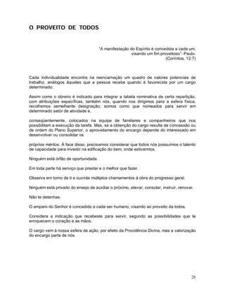 O PROVEITO DE TODOS


                                      “A manifestação do Espírito é concedida a cada um,
                                                      visando um fim proveitoso”.-Paulo.
                                                                         (Coríntios, 12:7)



Cada individualidade encontra na reencarnação um quadro de valores potenciais de
trabalho, análogos àqueles que a pessoa recebe quando é favorecida por um cargo
determinado.

Assim como o obreiro é indicado para integrar a tabela nominativa de certa repartição,
com atribuições específicas, também nós, quando nos dirigimos para a esfera física,
recolhemos semelhante designação; somos como que nomeados para servir em
determinado setor de atividade e,

conseqüentemente, colocados na equipe de familiares e companheiros que nos
possibilitam a execução da tarefa. Mas, se a obtenção do cargo resulta de concessão ou
de ordem do Plano Superior, o aproveitamento do encargo depende do interessado em
desenvolver ou consolidar os

próprios méritos. À face disso, precisamos considerar que todos nós possuímos o talento
de capacidade para investir na edificação do bem, onde estivermos.

Ninguém está órfão de oportunidade.

Em toda parte há serviço que prestar e o melhor que fazer.

Observa em torno de ti e ouvirás múltiplos chamamentos à obra do progresso geral.

Ninguém está privado do ensejo de auxiliar o próximo, elevar, consolar, instruir, renovar.

Não te detenhas.

O amparo do Senhor é concedido a cada ser humano, visando ao proveito da todos.

Considera a indicação que recebeste para servir, segundo as possibilidades que te
enriquecem o coração e as mãos.

O cargo vem à nossa esfera de ação, por efeito da Providência Divina, mas a valorização
do encargo parte de nós.




                                                                                        28
 