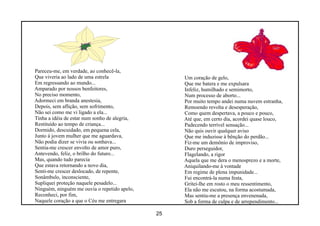 Pareceu-me, em verdade, ao conhecê-la,
Que viveria ao lado de uma estrela                  Um coração de gelo,
Em regressando ao mundo...                          Que me batera e me expulsara
Amparado por nossos benfeitores,                    Infeliz, humilhado e semimorto,
No preciso momento,                                 Num processo de aborto...
Adormeci em branda anestesia,                       Por muito tempo andei numa nuvem estranha,
Depois, sem aflição, sem sofrimento,                Remoendo revolta e desesperação,
Não sei como me vi ligado a ela...                  Como quem despertava, a pouco e pouco,
Tinha a idéia de estar num sonho de alegria,        Até que, em certo dia, acordei quase louco,
Restituído ao tempo de criança...                   Padecendo terrível sensação...
Dormido, descuidado, em pequena cela,               Não quis ouvir qualquer aviso
Junto à jovem mulher que me aguardava,              Que me induzisse à bênção do perdão...
Não podia dizer se vivia ou sonhava...              Fiz-me um demônio de improviso,
Sentia-me crescer envolto de amor puro,             Duro perseguidor,
Antevendo, feliz, o brilho do futuro...             Flagelando, a rigor
Mas, quando tudo parecia                            Aquela que me dera o menosprezo e a morte,
Que estava retornando a novo dia,                   Aniquilando-me à vontade
Senti-me crescer deslocado, de repente,             Em regime de plena impunidade...
Sonâmbulo, inconsciente,                            Fui encontrá-la numa festa,
Supliquei proteção naquele pesadelo...              Gritei-lhe em rosto o meu ressentimento,
Ninguém, ninguém me ouvia o repetido apelo,         Ela não me escutou, na forma acostumada,
Reconheci, por fim,                                 Mas sentiu-me a presença envenenada,
Naquele coração a que o Céu me entregara            Sob a forma de culpa e de arrependimento...

                                               25
 