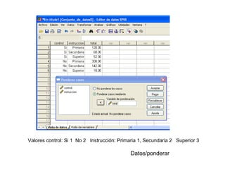 Valores control: Si 1 No 2 Instrucción: Primaria 1, Secundaria 2 Superior 3

                                             Datos/ponderar
 