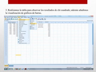 3. Realizamos la tabla para observar los resultados de chi cuadrado; además añadimos
la visualización de gráficos de barras.
 