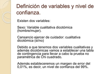 Definición de variables y nivel de
confianza.
Existen dos variables:
Sexo: Variable cualitativa dicotómica
(hombre/mujer).
Cansancio ejercer de cuidador: cualitativa
dicotómica (si/no)
Debido a que tenemos dos variables cualitativas y
además dicotómicas vamos a establecer una tabla
de contingencia para llevar a cabo la prueba no
paramétrica de Chi cuadrado.
Además estableceremos un margen de error del
0,01%, es decir, un nivel de confianza del 99%.
 
