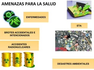 AMENAZAS PARA LA SALUD
ENFERMEDADES
ETA
BROTES ACCIDENTALES E
INTENCIONADOS
ACCIDENTES
RADIONUCLEARES
DESASTRES AMBIENTALES
 