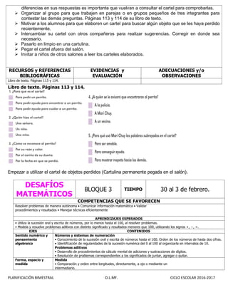 PLANIFICACIÓN BIMESTRAL O.L.MF. CICLO ESCOLAR 2016-2017
diferencias en sus respuestas es importante que vuelvan a consultar el cartel para comprobarlas.
 Organizar al grupo para que trabajen en parejas o en grupos pequeños de tres integrantes para
contestar las demás preguntas. Páginas 113 y 114 de su libro de texto.
 Motivar a los alumnos para que elaboren un cartel para buscar algún objeto que se les haya perdido
recientemente.
 Intercambiar su cartel con otros compañeros para realizar sugerencias. Corregir en donde sea
necesario.
 Pasarlo en limpio en una cartulina.
 Pegar el cartel afuera del salón.
 Invitar a niños de otros salones a leer los carteles elaborados.
RECURSOS y REFERENCIAS
BIBLIOGRÁFICAS
EVIDENCIAS y
EVALUACIÓN
ADECUACIONES y/o
OBSERVACIONES
Libro de texto. Páginas 113 y 114.
Libro de texto. Páginas 113 y 114.
Empezar a utilizar el cartel de objetos perdidos (Cartulina permanente pegada en el salón).
DESAFÍOS
MATEMÁTICOS
BLOQUE 3 TIEMPO 30 al 3 de febrero.
COMPETENCIAS QUE SE FAVORECEN
Resolver problemas de manera autónoma • Comunicar información matemática • Validar
procedimientos y resultados • Manejar técnicas eficientemente
APRENDIZAJES ESPERADOS
• Utiliza la sucesión oral y escrita de números, por lo menos hasta el 100, al resolver problemas.
• Modela y resuelve problemas aditivos con distinto significado y resultados menores que 100, utilizando los signos +, −, =.
EJES CONTENIDOS
Sentido numérico y
pensamiento
algebraico
Números y sistemas de numeración
• Conocimiento de la sucesión oral y escrita de números hasta el 100. Orden de los números de hasta dos cifras.
• Identificación de regularidades de la sucesión numérica del 0 al 100 al organizarla en intervalos de 10.
Problemas aditivos
• Desarrollo de procedimientos de cálculo mental de adiciones y sustracciones de dígitos.
• Resolución de problemas correspondientes a los significados de juntar, agregar o quitar.
Forma, espacio y
medida
Medida
• Comparación y orden entre longitudes, directamente, a ojo o mediante un
intermediario.
 