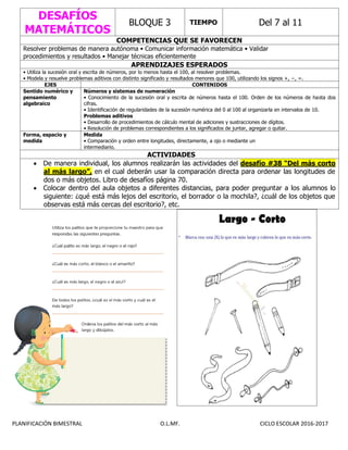 PLANIFICACIÓN BIMESTRAL O.L.MF. CICLO ESCOLAR 2016-2017
DESAFÍOS
MATEMÁTICOS
BLOQUE 3 TIEMPO Del 7 al 11
COMPETENCIAS QUE SE FAVORECEN
Resolver problemas de manera autónoma • Comunicar información matemática • Validar
procedimientos y resultados • Manejar técnicas eficientemente
APRENDIZAJES ESPERADOS
• Utiliza la sucesión oral y escrita de números, por lo menos hasta el 100, al resolver problemas.
• Modela y resuelve problemas aditivos con distinto significado y resultados menores que 100, utilizando los signos +, −, =.
EJES CONTENIDOS
Sentido numérico y
pensamiento
algebraico
Números y sistemas de numeración
• Conocimiento de la sucesión oral y escrita de números hasta el 100. Orden de los números de hasta dos
cifras.
• Identificación de regularidades de la sucesión numérica del 0 al 100 al organizarla en intervalos de 10.
Problemas aditivos
• Desarrollo de procedimientos de cálculo mental de adiciones y sustracciones de dígitos.
• Resolución de problemas correspondientes a los significados de juntar, agregar o quitar.
Forma, espacio y
medida
Medida
• Comparación y orden entre longitudes, directamente, a ojo o mediante un
intermediario.
ACTIVIDADES
 De manera individual, los alumnos realizarán las actividades del desafío #38 “Del más corto
al más largo”, en el cual deberán usar la comparación directa para ordenar las longitudes de
dos o más objetos. Libro de desafíos página 70.
 Colocar dentro del aula objetos a diferentes distancias, para poder preguntar a los alumnos lo
siguiente: ¿qué está más lejos del escritorio, el borrador o la mochila?, ¿cuál de los objetos que
observas está más cercas del escritorio?, etc.
 