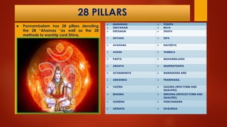 28 PILLARS
 Ponnambalam has 28 pillars denoting
the 28 “Ahamas “as well as the 28
methods to worship Lord Shiva.
 MANANAM  PUSHPA
 SRAVANAM  BILVA
 KIRTANAM  DHUPA
 DHYANA  DIPA
 AVAHANA  NAIVEDYA
 ASANA  TAMBULA
 PADYA  MAHANIRAJANA
 ARGHYA  MANTRAPUSHPA
 ACHAMANIYA  NAMASKARA AND
 ABHISHEKA  PRARDHANA.
 VASTRA  SAGUNA (WITH FORM AND
QUALITIES)
 BHASMA  NIRGUNA (WITHOUT FORM AND
QUALITIES)
 GANDHA  PANCHANANA
 AKSHATA  SIVALINGA
 