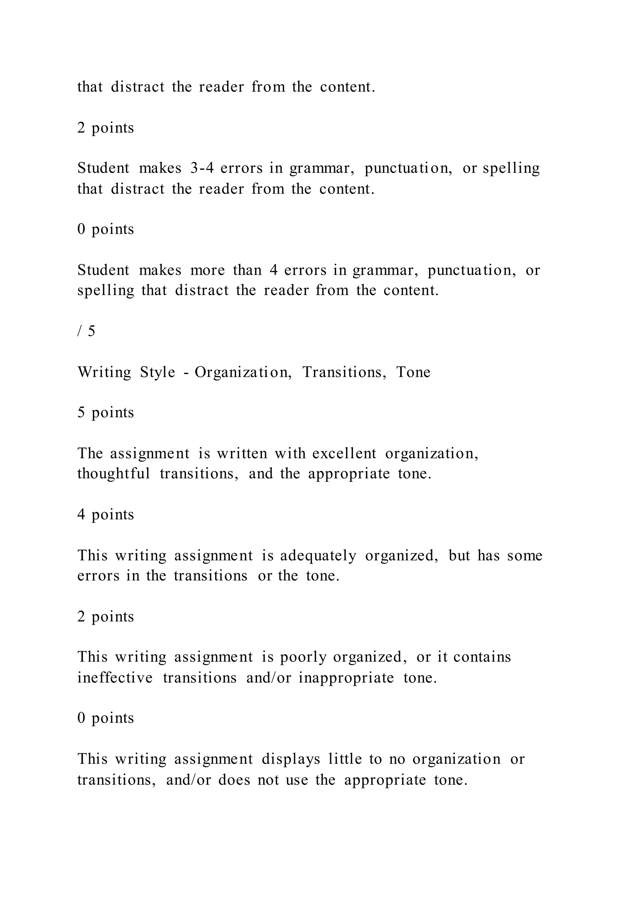 that distract the reader from the content.
2 points
Student makes 3-4 errors in grammar, punctuation, or spelling
that distract the reader from the content.
0 points
Student makes more than 4 errors in grammar, punctuation, or
spelling that distract the reader from the content.
/ 5
Writing Style - Organization, Transitions, Tone
5 points
The assignment is written with excellent organization,
thoughtful transitions, and the appropriate tone.
4 points
This writing assignment is adequately organized, but has some
errors in the transitions or the tone.
2 points
This writing assignment is poorly organized, or it contains
ineffective transitions and/or inappropriate tone.
0 points
This writing assignment displays little to no organization or
transitions, and/or does not use the appropriate tone.
 