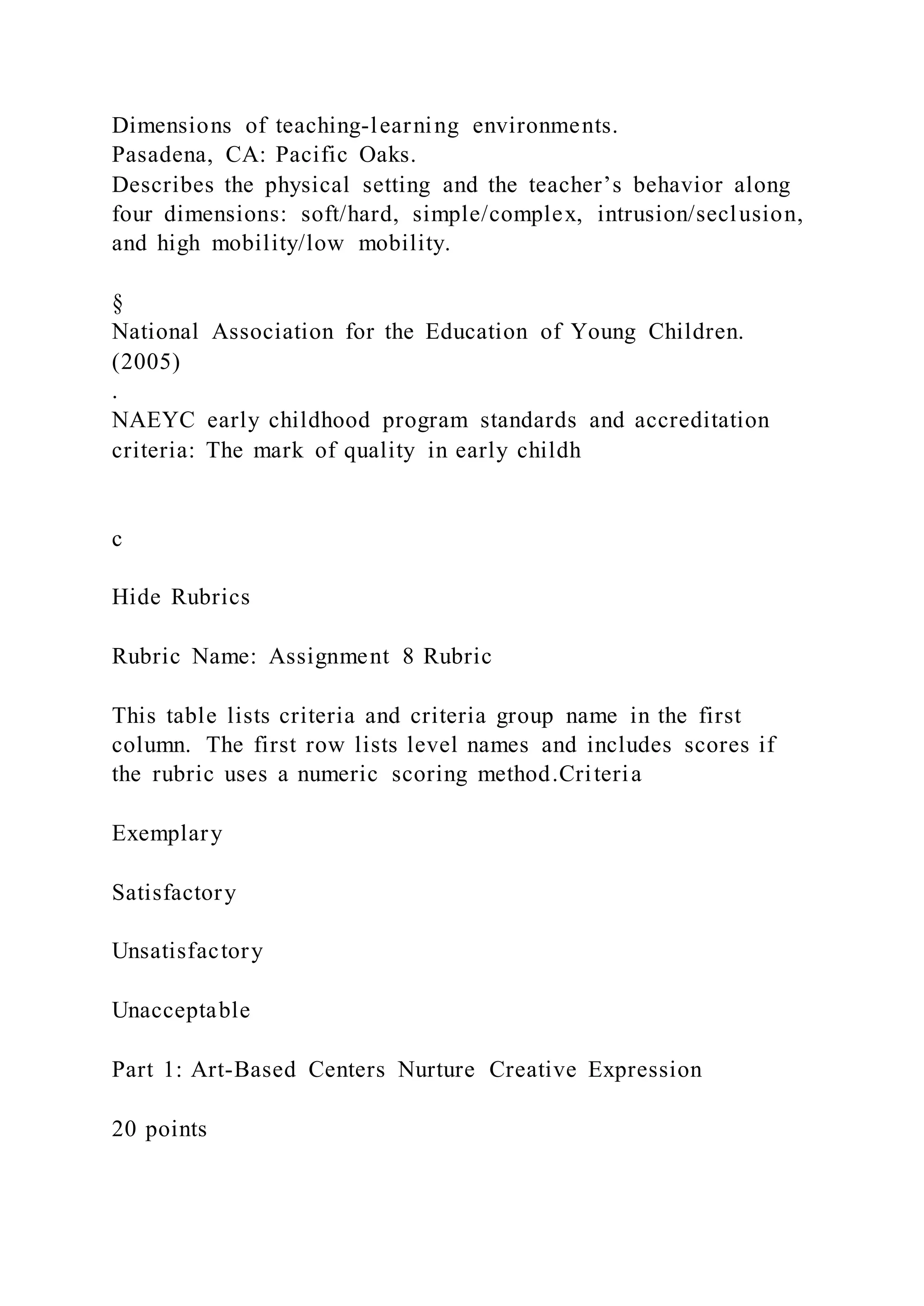Dimensions of teaching-learning environments.
Pasadena, CA: Pacific Oaks.
Describes the physical setting and the teacher’s behavior along
four dimensions: soft/hard, simple/complex, intrusion/seclusion,
and high mobility/low mobility.
§
National Association for the Education of Young Children.
(2005)
.
NAEYC early childhood program standards and accreditation
criteria: The mark of quality in early childh
c
Hide Rubrics
Rubric Name: Assignment 8 Rubric
This table lists criteria and criteria group name in the first
column. The first row lists level names and includes scores if
the rubric uses a numeric scoring method.Criteria
Exemplary
Satisfactory
Unsatisfactory
Unacceptable
Part 1: Art-Based Centers Nurture Creative Expression
20 points
 
