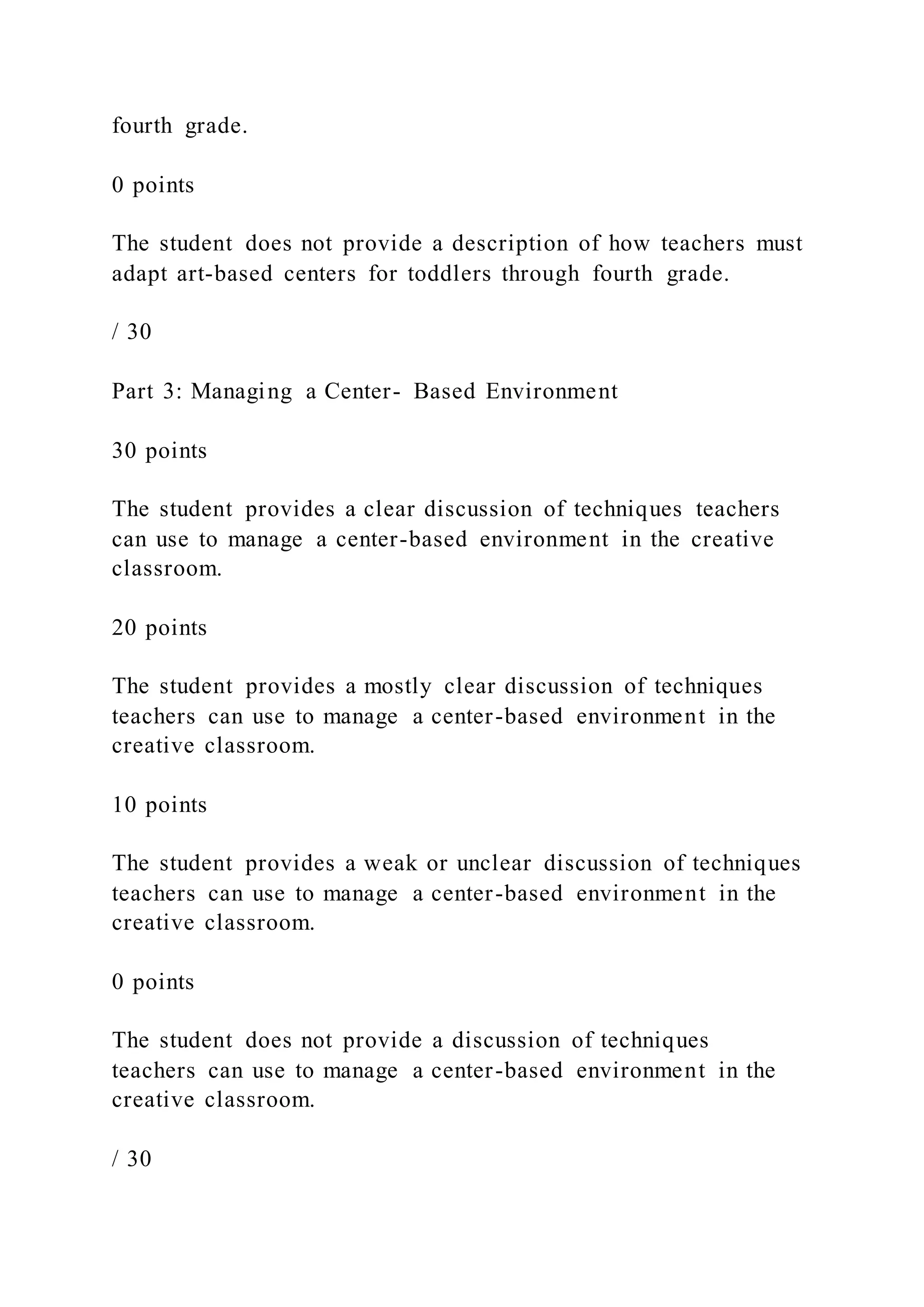 fourth grade.
0 points
The student does not provide a description of how teachers must
adapt art-based centers for toddlers through fourth grade.
/ 30
Part 3: Managing a Center- Based Environment
30 points
The student provides a clear discussion of techniques teachers
can use to manage a center-based environment in the creative
classroom.
20 points
The student provides a mostly clear discussion of techniques
teachers can use to manage a center-based environment in the
creative classroom.
10 points
The student provides a weak or unclear discussion of techniques
teachers can use to manage a center-based environment in the
creative classroom.
0 points
The student does not provide a discussion of techniques
teachers can use to manage a center-based environment in the
creative classroom.
/ 30
 