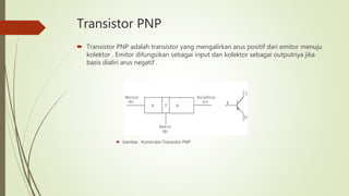 Transistor PNP
 Transistor PNP adalah transistor yang mengalirkan arus positif dari emitor menuju
kolektor . Emitor difungsikan sebagai input dan kolektor sebagai outputnya jika
basis dialiri arus negatif .
 Gambar . Konstruksi Transistor PNP
 