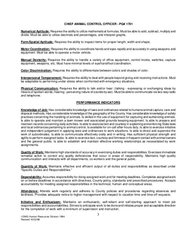 Chief Animal Control Officer Job Description