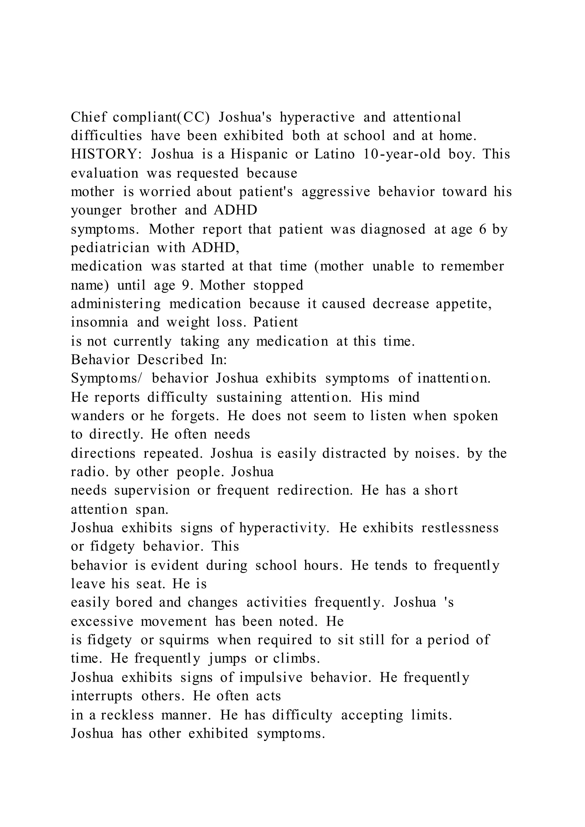 Chief compliant(CC) Joshuas hyperactive and attentional difficult | DOCX