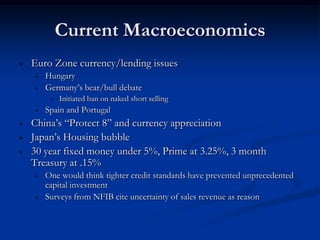 Current Macroeconomics
•   Euro Zone currency/lending issues
    •   Hungary
    •   Germany’s bear/bull debate
         •   Initiated ban on naked short selling
    •   Spain and Portugal
•   China’s “Protect 8” and currency appreciation
•   Japan’s Housing bubble
•   30 year fixed money under 5%, Prime at 3.25%, 3 month
    Treasury at .15%
    •   One would think tighter credit standards have prevented unprecedented
        capital investment
    •   Surveys from NFIB cite uncertainty of sales revenue as reason
 
