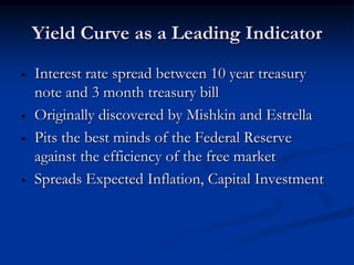 Yield Curve as a Leading Indicator
•   Interest rate spread between 10 year treasury
    note and 3 month treasury bill
•   Originally discovered by Mishkin and Estrella
•   Pits the best minds of the Federal Reserve
    against the efficiency of the free market
•   Spreads Expected Inflation, Capital Investment
 