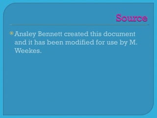  Ansley Bennett created this document
 and it has been modified for use by M.
 Weekes.
 