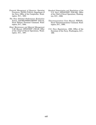 Financial Management of Resources, Operating           Standard Organization and Regulations of the
   Procedures, NAVSO P-3013-2, Department of              U.S. Navy, OPNAVINST 3120.32B, Office
   the Navy, Office of the Comptroller, Wash-             of the Chief of Naval Operations, Washing-
   ington, D.C., 1983.                                    ton, D.C., 1986.
The Navy Enlisted Performance Evaluation
  System, NAVMILPERSCOMINST 1616.1A,                   Telecommunications Users Manual, NTP3(H),
  Naval Military Personnel Command, Wash-                 Naval Telecommunications Command, Wash-
  ington, D.C., 1984.                                     ington, D.C., 1990.
Ships’ Maintenance and Material Management
   (3-M) Manual, OPNAVINST 4790.4B, Office             U.S. Navy Regulations, 1990, Office of the
   of the Chief of Naval Operations, Wash-                Secretary of the Navy, Washington, D.C.,
   ington, D.C., 1987.                                    1990.




                                                4-37
 