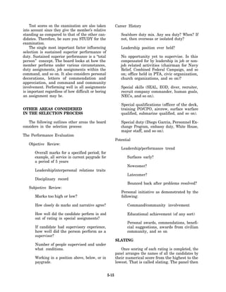 Test scores on the examination are also taken            Career History
into account since they give the member’s relative
standing as compared to that of the other can-                  Sea/shore duty mix. Any sea duty? When? If
didates. Therefore, be sure you STUDY for the                   not, then overseas or isolated duty?
examination.
    The single most important factor influencing                Leadership position ever held?
selection is sustained superior performance of
duty. Sustained superior performance is a “total                No opportunity yet to supervise. Is this
person” concept. The board looks at how the                     compensated for by leadership in job or non-
member performs under various circumstances,                    job related activities (chairman for Navy
duty assignments, job assignments within the                    Relief, Combined Federal Campaign, and so
command, and so on. It also considers personal                  on; office held in PTA, civic organization,
decorations, letters of commendation and                        church organizations, and so on)?
appreciation, and command and community
involvement. Performing well in all assignments                 Special skills (SEAL, EOD, diver, recruiter,
is important regardless of how difficult or boring              recruit company commander, human goals,
an assignment may be.                                           NECs, and so on).

                                                                Special qualifications (officer of the deck,
OTHER AREAS CONSIDERED                                          training PO/CPO, aircrew, surface warfare
IN THE SELECTION PROCESS                                        qualified, submarine qualified, and so on).

   The following outlines other areas the board                 Special duty (Diego Garcia, Personnel Ex-
considers in the selection process:                             change Program, embassy duty, White House,
                                                                major staff, and so on).
The Performance Evaluation
                                                             Potential
   Objective Review:
                                                                Leadership/performance trend
       Overall marks for a specified period; for
       example, all service in current paygrade for                 Surfaces early?
       a period of 5 years
                                                                    Newcomer?
       Leadership/interpersonal relations traits
                                                                    Latecomer?
       Disciplinary record
                                                                    Bounced back after problems resolved?
   Subjective Review:
                                                                Personal initiative as demonstrated by the
       Marks too high or low?                                   following:

       How closely do marks and narrative agree?                    Command/community involvement

       How well did the candidate perform in and                    Educational achievement (of any sort)
       out of rating in special assignments?
                                                                    Personal awards, commendations, benefi-
       If candidate had supervisory experience,                     cial suggestions, awards from civilian
       how well did the person perform as a                         community, and so on
       supervisor?
                                                             SLATING
       Number of people supervised and under
       what conditions.                                         Once scoring of each rating is completed, the
                                                             panel arranges the names of all the candidates by
       Working in a position above, below, or in             their numerical score from the highest to the
       paygrade.                                             lowest. That is called slating. The panel then


                                                      5-15
 