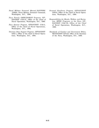 Naval Military Personnel Manual, NAVPERS                Personal Excellence Program, OPNAVINST
   15560A, Naval Military Personnel Command,               5350.6, Office of the Chief of Naval Opera-
   Washington, D.C., 1990.                                 tions, Washington, D.C., 1990.

Navy Family OMBUDSMAN Program, O P -
  NAVINST 1750.1C, Office of the Chief of               Responsibilities for Morale, Welfare, and Recrea-
  Naval Operations, Washington, D.C., 1990.                tion (MWR) Programs in the Navy, O P -
                                                           NAVINST 1700.7D, Office of the Chief
Navy Sponsor Program, OPNAVINST 1740.3,                    of Naval Operations, Washington, D.C.,
   Office of the Chief of Naval Operations,                1988.
   Washington, D.C., 1982.

Overseas Duty Support Program, OPNAVINST                Standards of Conduct and Government Ethics,
   5352.1, Office of the Chief of Naval Opera-             SECNAVINST 5370.2J, Office of the Secretary
   tions, Washington, D.C., 1985.                          of the Navy, Washington, D.C., 1989.




                                                 6-15
 