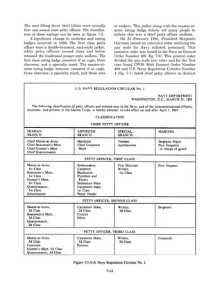 The men filling these chief billets were actually               or rockers. This jacket along with the master-at-
first and second class petty officers. The classifica-          arms rating badge falsely led many people to
tion of these ratings can be seen in figure 7-5.                believe this was a chief petty officer uniform.
    A significant change to uniforms and rating                     On 25 February 1893, President Benjamin
badges occurred in 1886. The first class petty                  Harrison issued an executive order outlining the
officer wore a double-breasted, sack-style jacket,              pay scale for Navy enlisted personnel. This
while petty officers second class and below                     executive order was issued to the Navy as General
retained the traditional jumper-style uniform. The              Order Number 409 (fig. 7-6). This general order
first class rating badge consisted of an eagle, three           divided the pay scale into rates and for the first
chevrons, and a specialty mark. The master-at-                  time listed CPOS. Both General Order Number
arms rating badge, however, consisted of an eagle,              409 and U.S. Navy Regulation Circular Number
three chevrons, a specialty mark, and three arcs                1 (fig. 7-7) listed chief petty officers as distinct




                                Figure 7-7.-U.S. Navy Regulation Circular No. 1.

                                                         7-13
 
