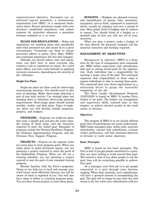 organizational objective. Examples are an                        BUDGETS. —Budgets are planned revenue
electrical tag-out procedure, a maintenance                  and expenditures of money, time, personnel,
requirement card (MRC), or a command check-                  equipment, and so forth, expressed in numerical
in/out sheet. Ensure personnel comply with your              terms, usually by category and over a period of
division’s established procedures, and submit                time. Most people think of budgets only in relation
requests for correction whenever a procedure                 to money. You should think of a budget as a
becomes outdated or is in error.                             detailed plan of how you will use all of your
                                                             resources,
    RULES AND REGULATIONS. —Rules and                            When you plan a project, make a budget of
regulations are standing plans that specifically             the time allowed, the personnel assigned, and the
state what personnel can and cannot do in a given            material resources and funding required.
circumstance. Commands use them to ensure
personnel adhere to policy. Navy Regs, SORN,                 MANAGEMENT BY OBJECTIVES
and command regulations fall into this category.
    Although you should enforce rules and regula-                Management by objectives (MBO) is a fancy
tions, you don’t have to place everyone who                  term for the type of management most commands
violates a rule or regulation on report. As a chief          use. MBO means supervisors and subordinates
petty officer, you have some latitude in applying            take part in setting overall goals for the organiza-
corrective measures, depending on the severity of            tion. Each individual has a responsibility for
the infraction.                                              meeting a major area of the goal. The command
                                                             expresses that responsibility as those steps it
Single-Use Plans                                             expects individuals to take in meeting those goals.
                                                             The command then uses those expectations as a
    Single-use plans are those used for short-range          measuring device to gauge the successful
nonrecurring activities. You should excel in this            completion of the job.
area of planning. Make short-range planning a                    The Navy Leader Development Program
part of your daily activity. Use strategic plans and         (NAVLEAD) is based on MBO. It teaches Navy
standing plans to determine short-range planning             leaders to set goals. The leaders use management
requirements. Short-range plans should include               and supervisory skills, outlined later in this
monthly, weekly, and daily plans. Types of single-           chapter, to achieve desired results in the work
use plans you will develop include programs,                 center or division.
projects, and budgets.
                                                             Objectives
    PROGRAMS. —Programs are single-use plans
that state a specific goal and give the major steps,            The purpose of MBO is to set clearly defined
the timing of those steps, and the resources                 goals that all participants can easily understand.
required to meet the stated goal. Examples of                MBO helps managers plan, define jobs, motivate
programs include the Personal Excellence Program,            subordinates, interact with subordinates, evaluate
the National Apprenticeship Program, and the                 worker performance, and link command objectives
Overseas Duty Support Program.                               to division or work center objectives.

    PROJECTS. —Projects are the separate tasks               Basic Principles
you must plan to meet program goals. When you
make plans to paint divisional spaces, you are                   MBO is based on two basic principles. The
planning a project required to meet the goals of             first is that if you get people committed to a goal,
the Habitability Program. When you fill out a                they are more willing to work toward that goal.
training schedule, you are planning a project                The second is that if you allow people to set the
required to meet the goals of your command training          goal, they will do everything possible to achieve
program.                                                     that goal.
    Become familiar with the Navy’s programs.                    As a manager, your first job is to get people
Doing so can help you to lead and manage your                committed to a goal through joint decision
work center more efficiently because you will be             making. When done correctly, your subordinates
aware of what is expected of you. You will also              will have a personal interest in accomplishing the
have steps to follow in reaching program goals.              goal. The goal will no longer be just what the chief
You can then devise projects to meet those goals,            wants to do, but what your subordinates told you


                                                       3-3
 